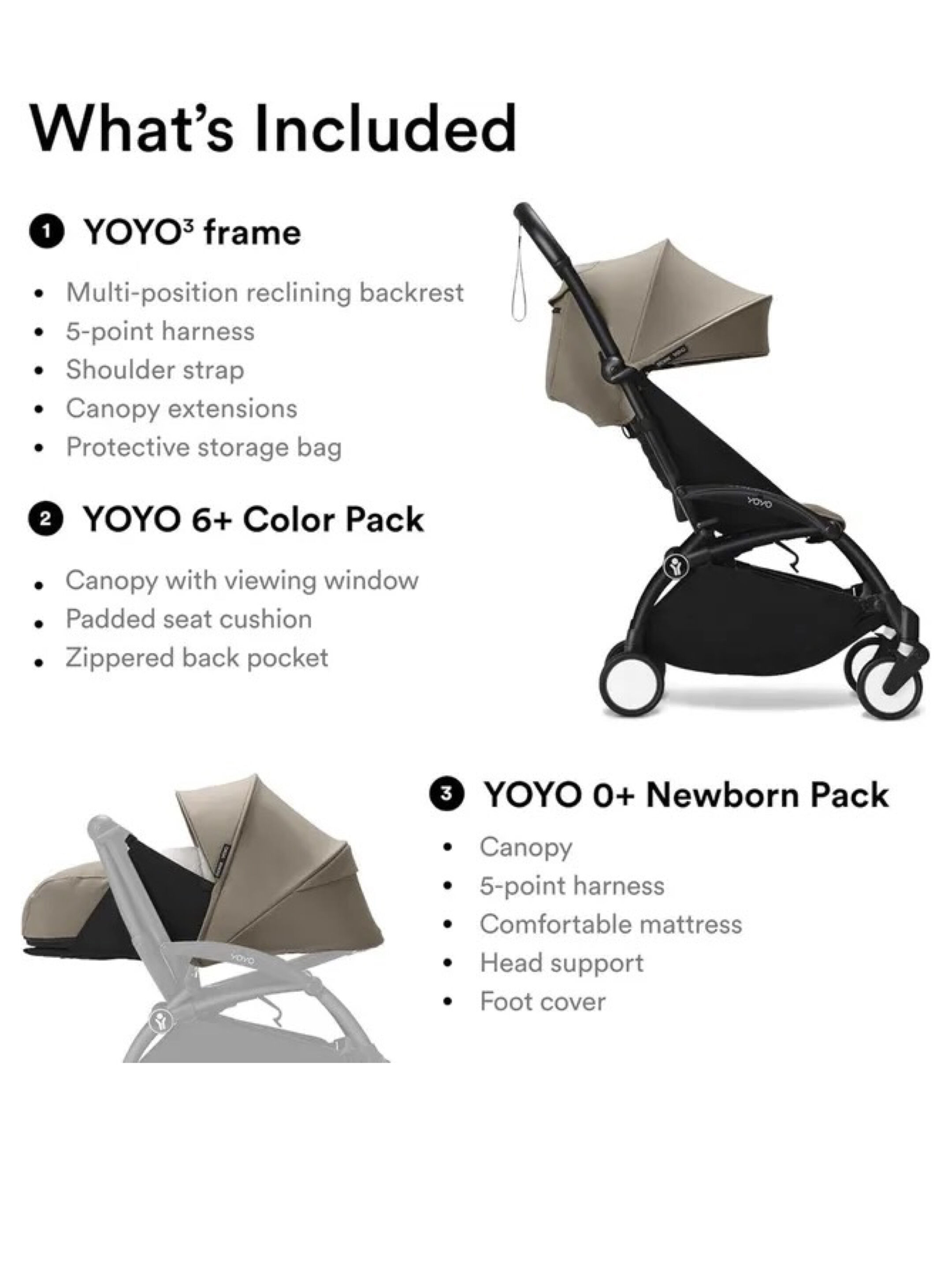 Stokke YOYO3 Full Stroller with Black Frame, 0+ Newborn and 6+ Color Pack - Taupe (3 pieces) image number 2