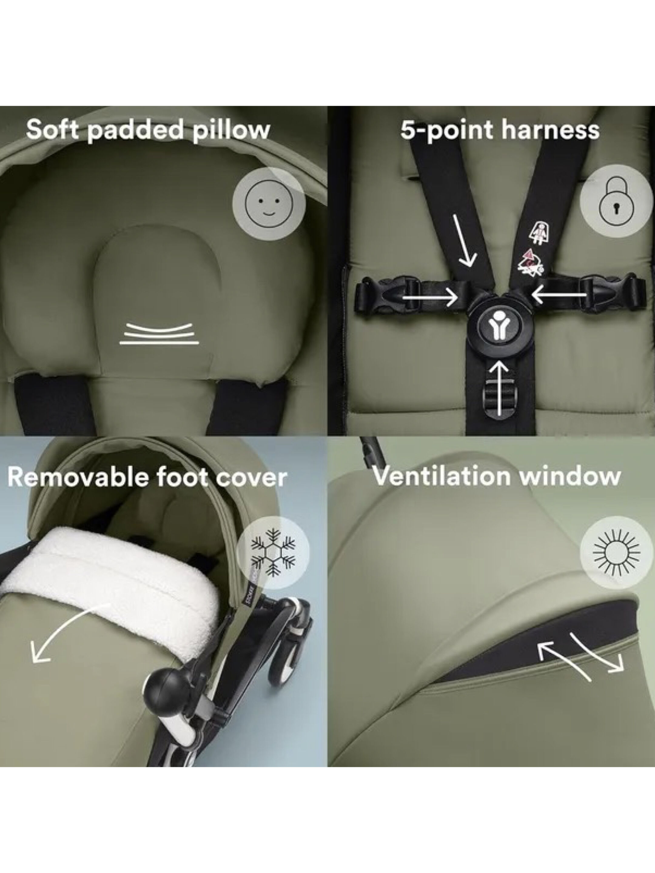 Stokke YOYO3 Full Stroller with Black Frame, 0+ Newborn and 6+ Color Pack - Olive (3 pieces) image number 4