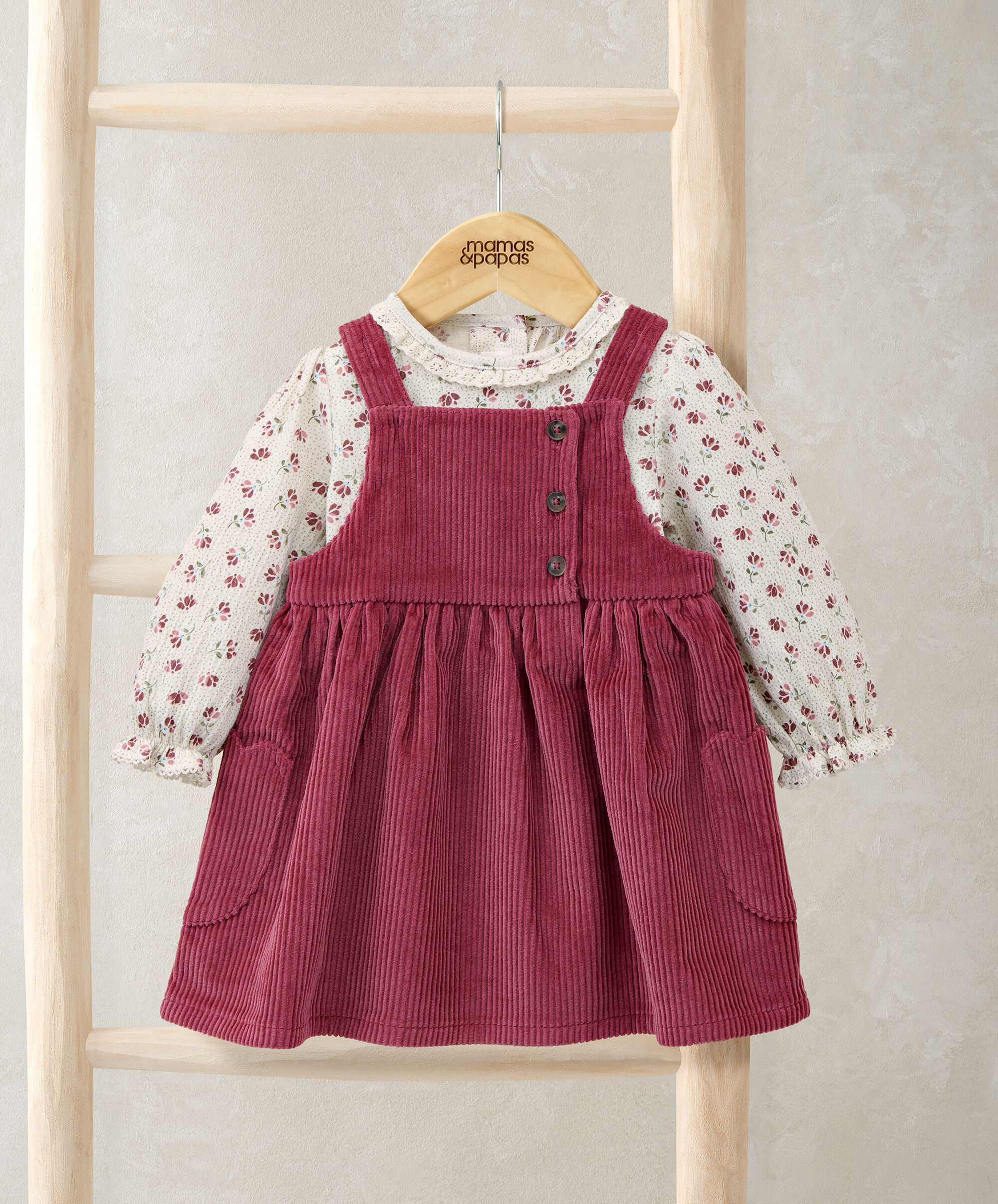 Cord Pinny Dress & Floral Bodysuit Set (2 Pieces)