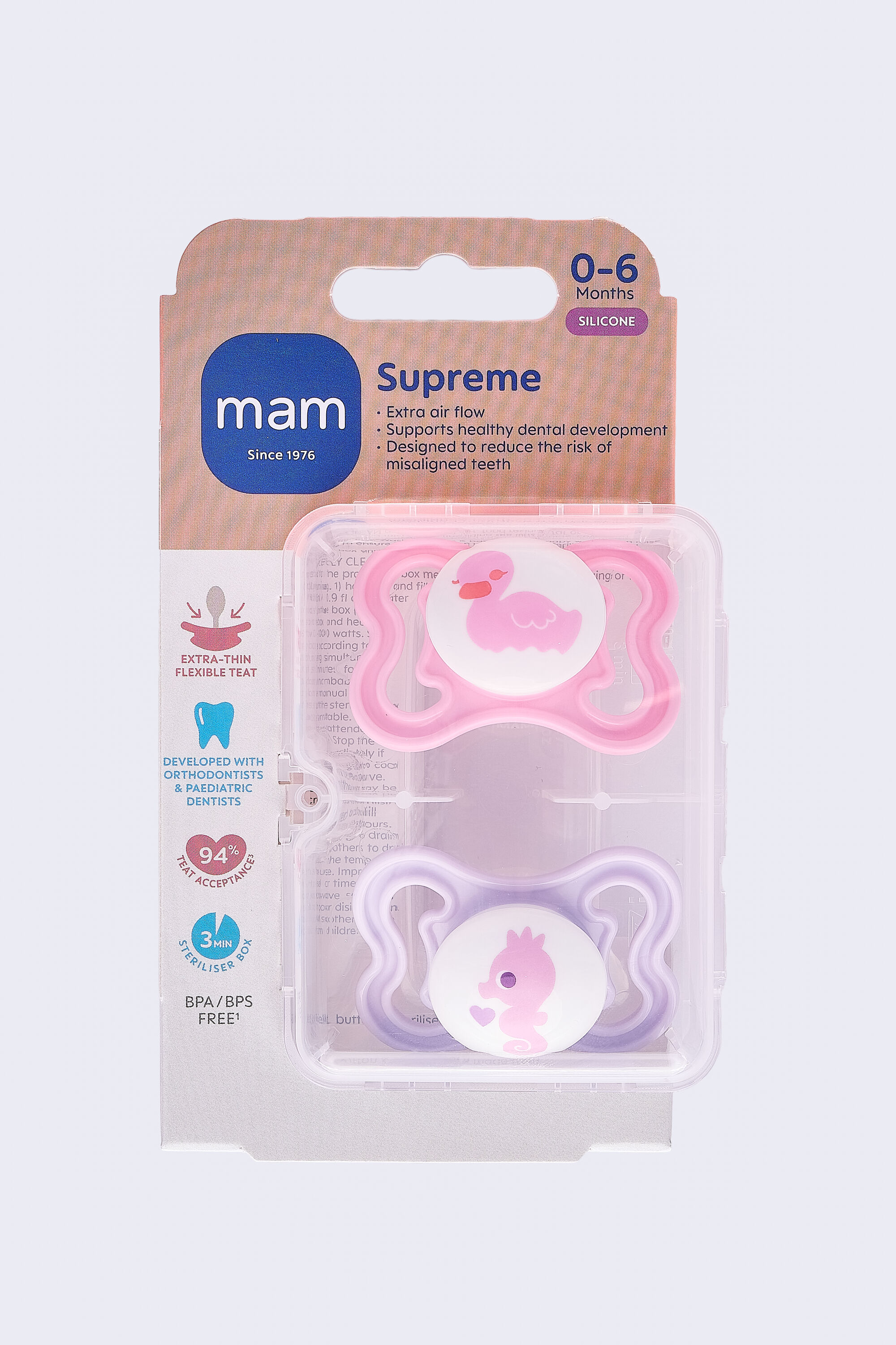 Mam Baby Supreme Silicone Pacifier - O-6 M | Sealife Pink & Purple  - Pack of 2 image number 2
