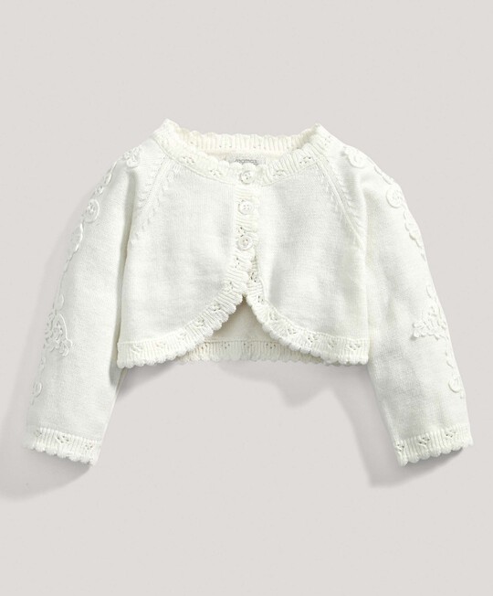 Lace Applique Detail Knit Cropped Cardigan Cream- New Born image number 1