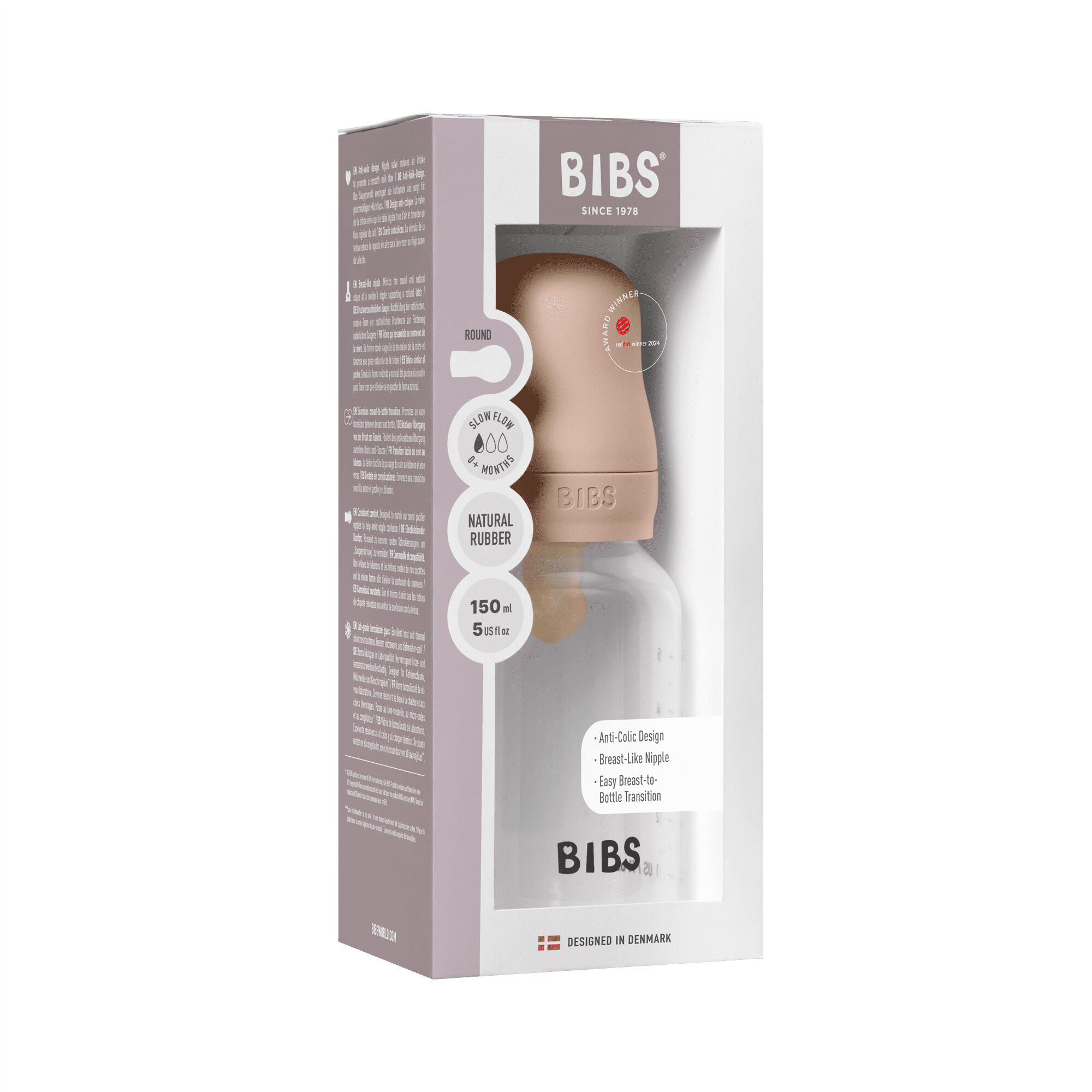BIBS Baby Bottle Round Nipple Latex 1 Pack 150 Ml Slow Flow Blush image number 4