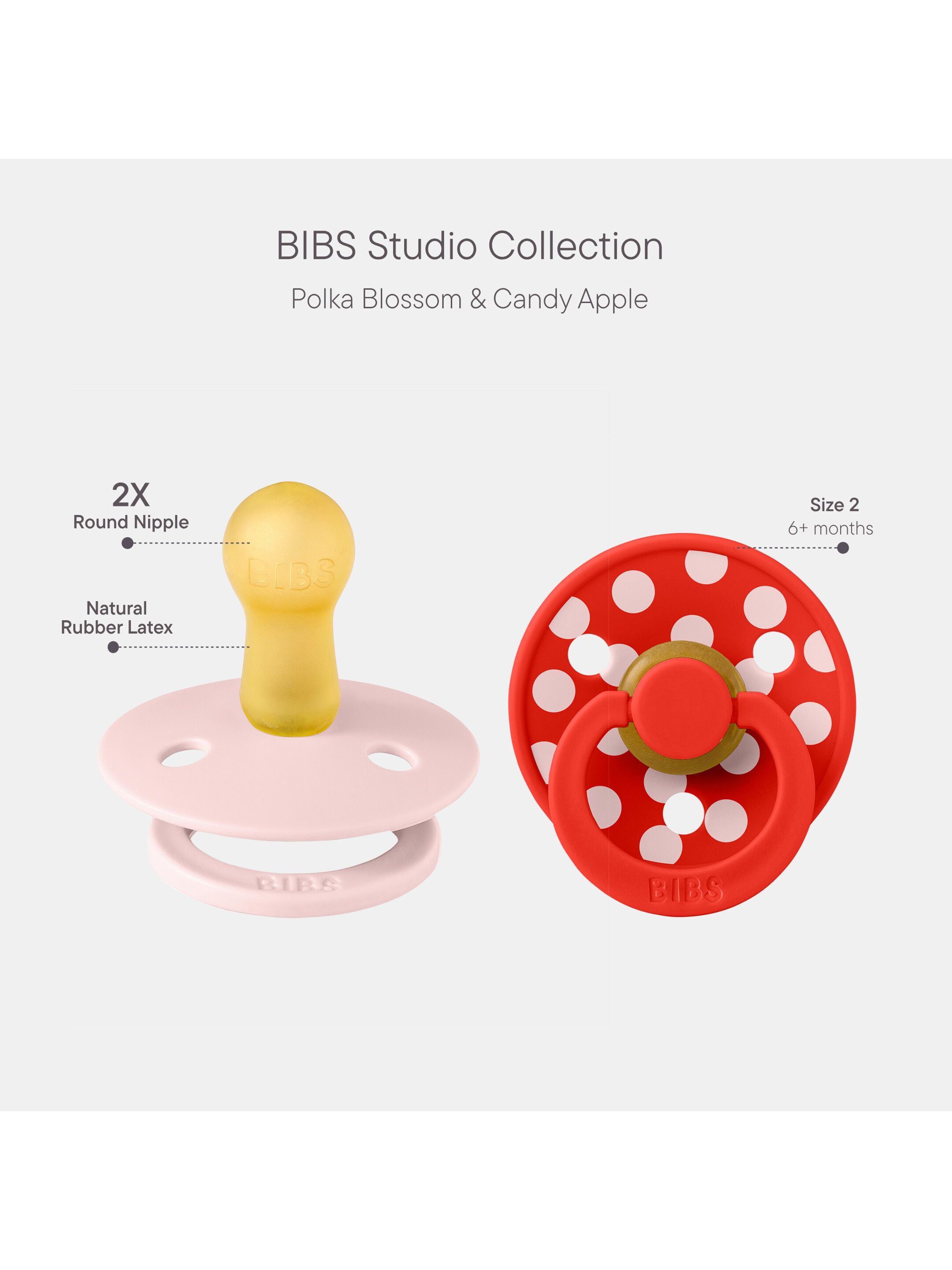 BIBS Pacifier Studio Colour 2 Pack Polka Latex Size 2 Blossom Candy Apple image number 2