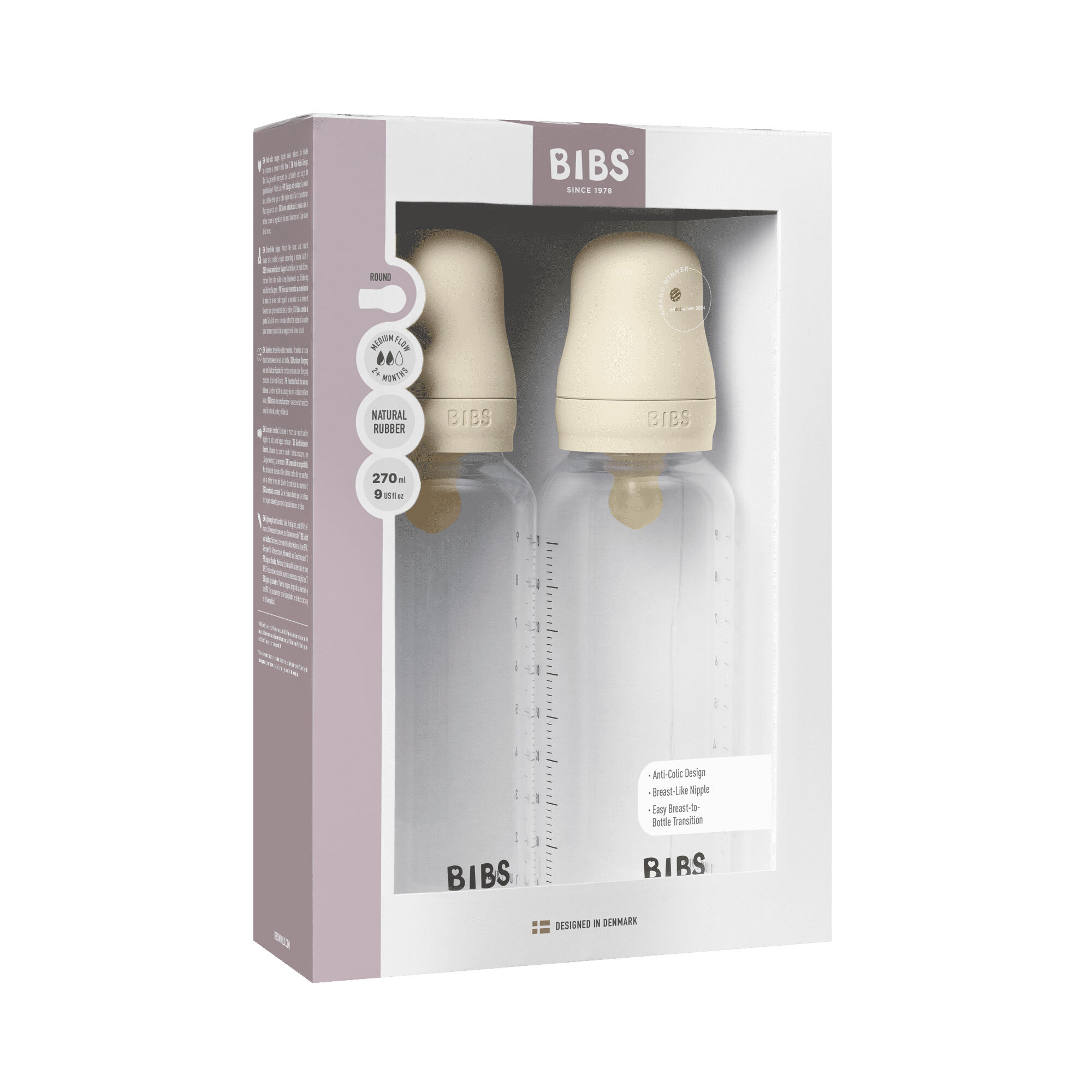 BIBS Baby Bottle Round Nipple Latex 2 Pack 270 Ml Medium Flow Ivory