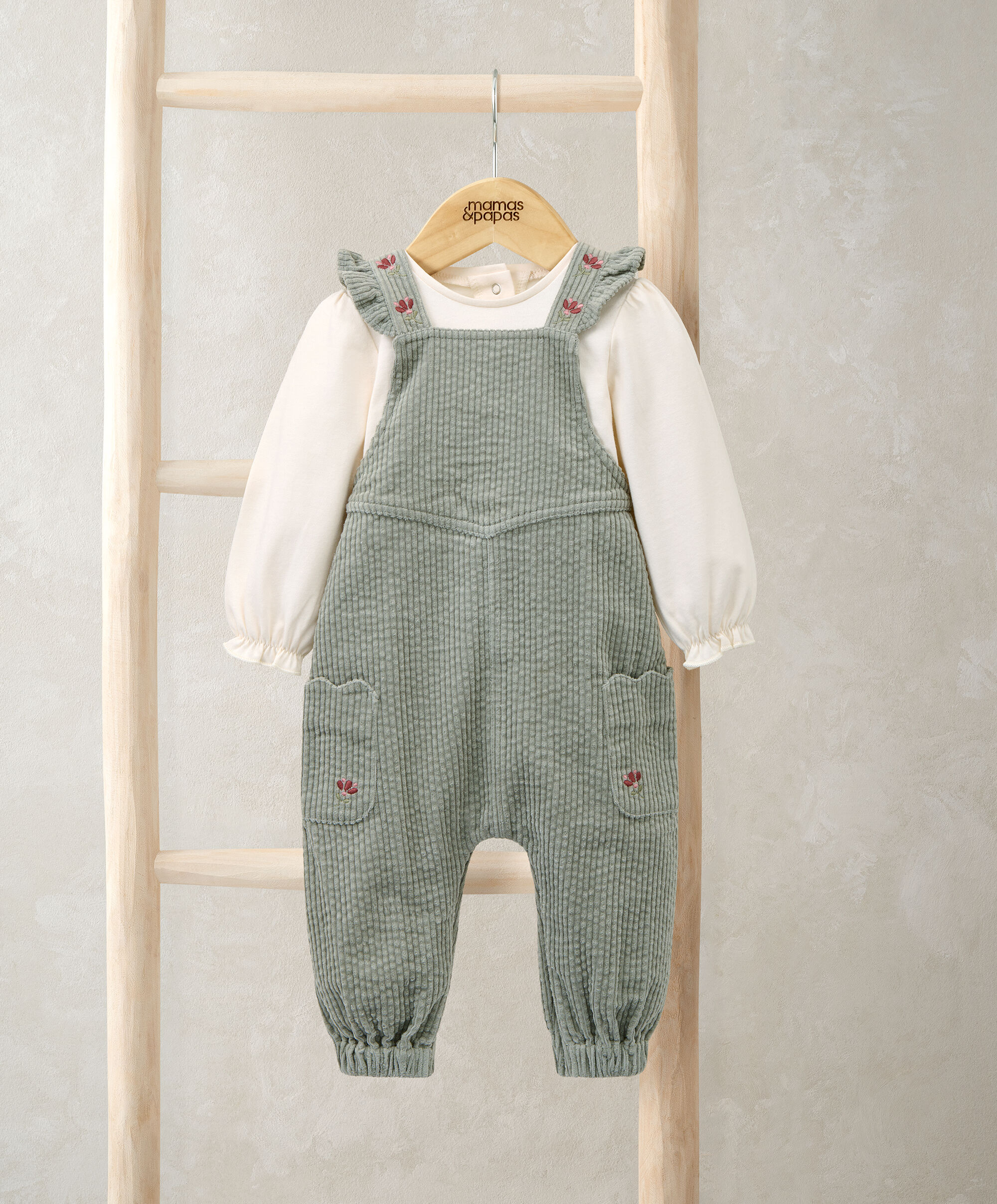 Embroidered Cord Dungarees & Bodysuit Set (2 Pieces) - Green