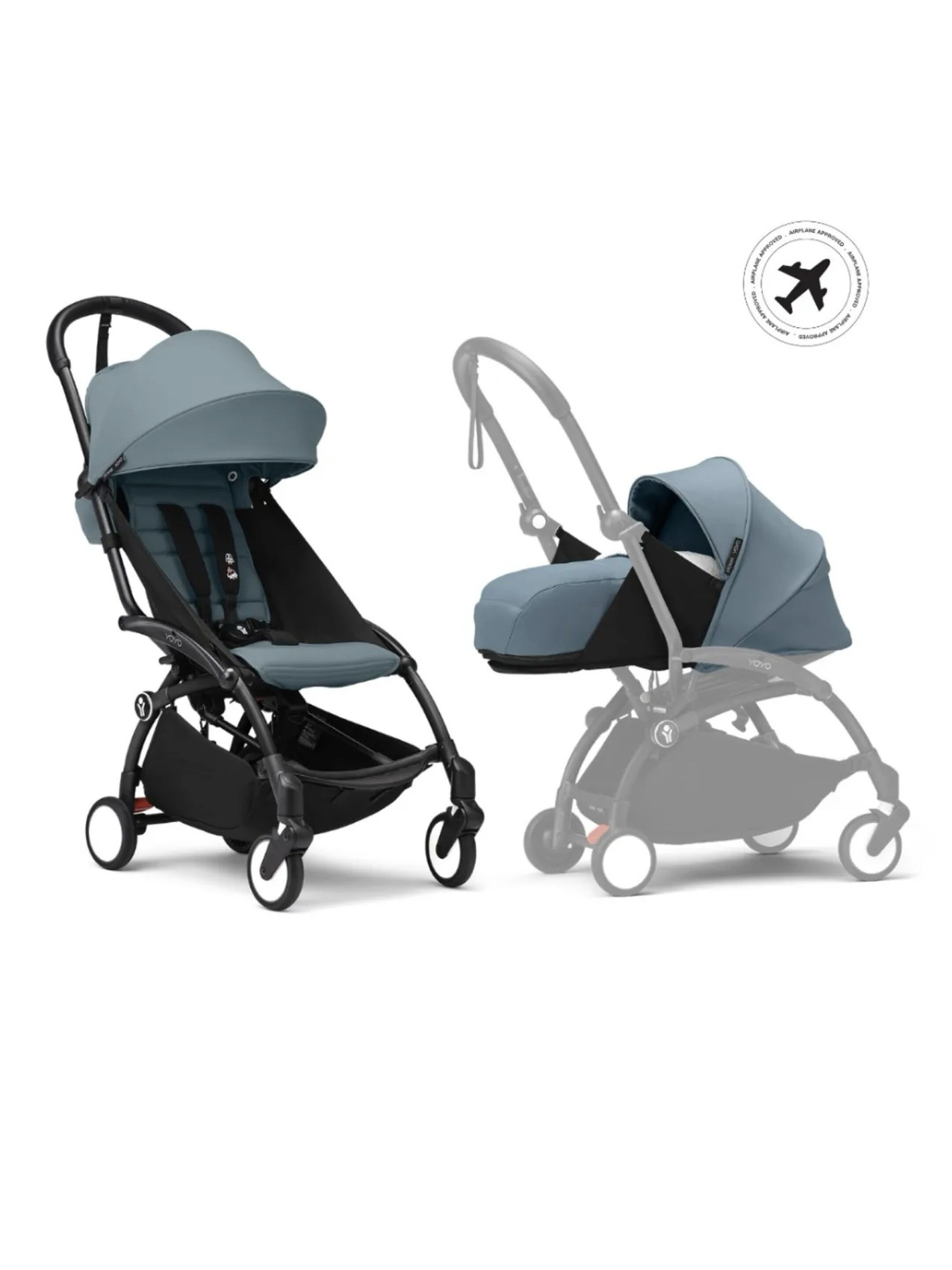 Stokke YOYO3 Full Stroller with Black Frame, 0+ Newborn and 6+ Color Pack - Aqua (3 pieces)