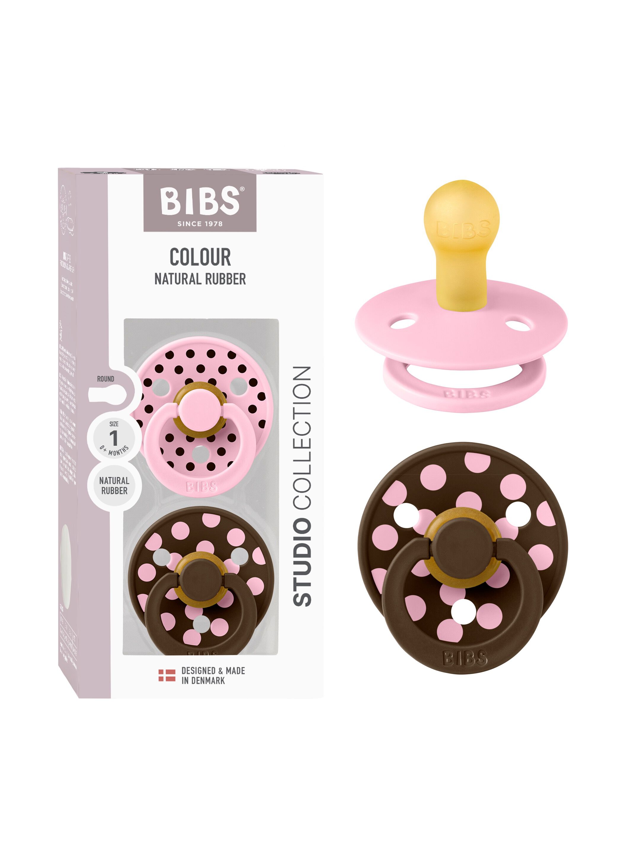 BIBS Pacifier Studio Colour 2 Pack Polka Latex Size 1 Baby Pink Mocha image number 1