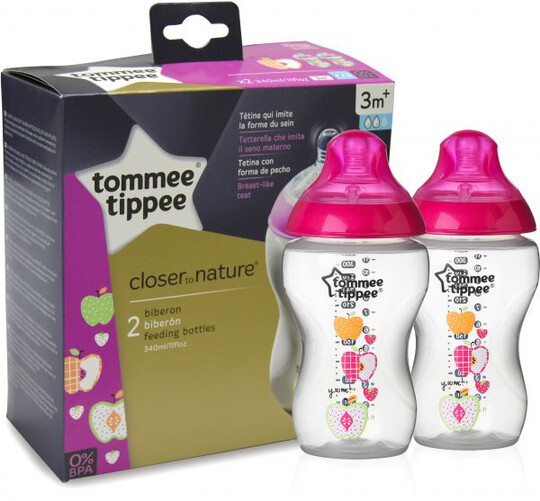 Tommee Tippee Closer to Nature 2x340ml Easi-Vent BPA free Decorative Feeding Bottles - Pink image number 1