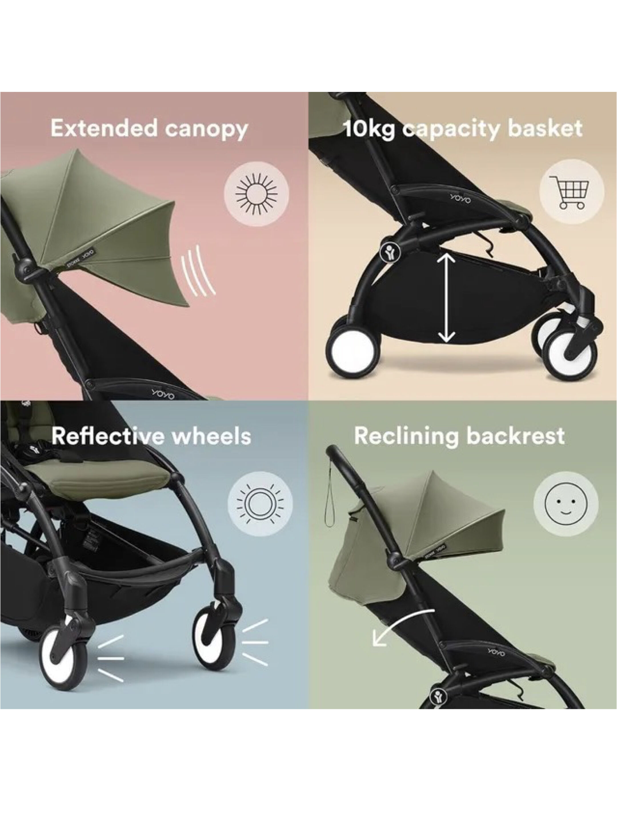 Stokke YOYO3 Full Stroller with Black Frame, 0+ Newborn and 6+ Color Pack - Olive (3 pieces) image number 3