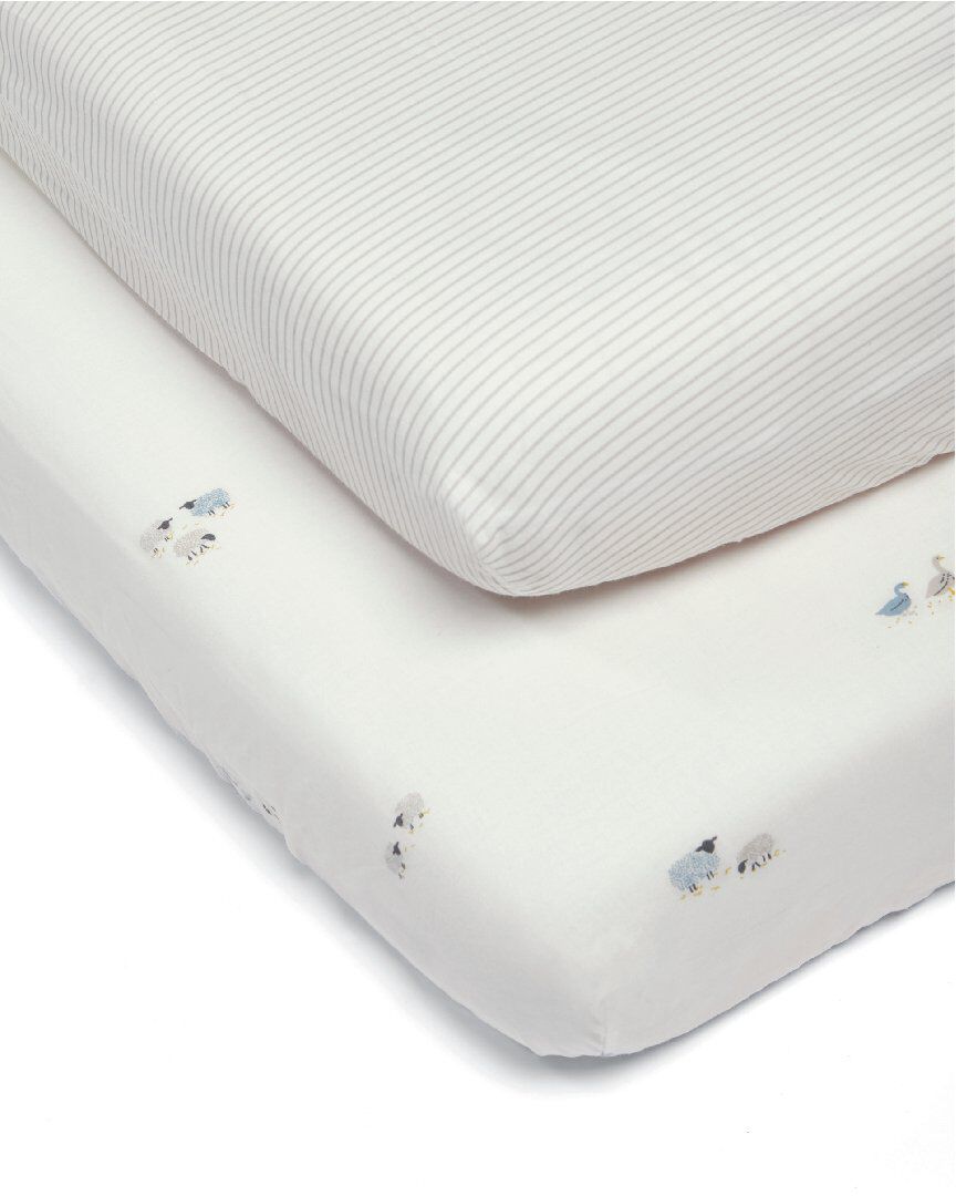 Welcome to the World Fitted Sheets (Pack of 2) - Blue striped & Farm Print image number 1