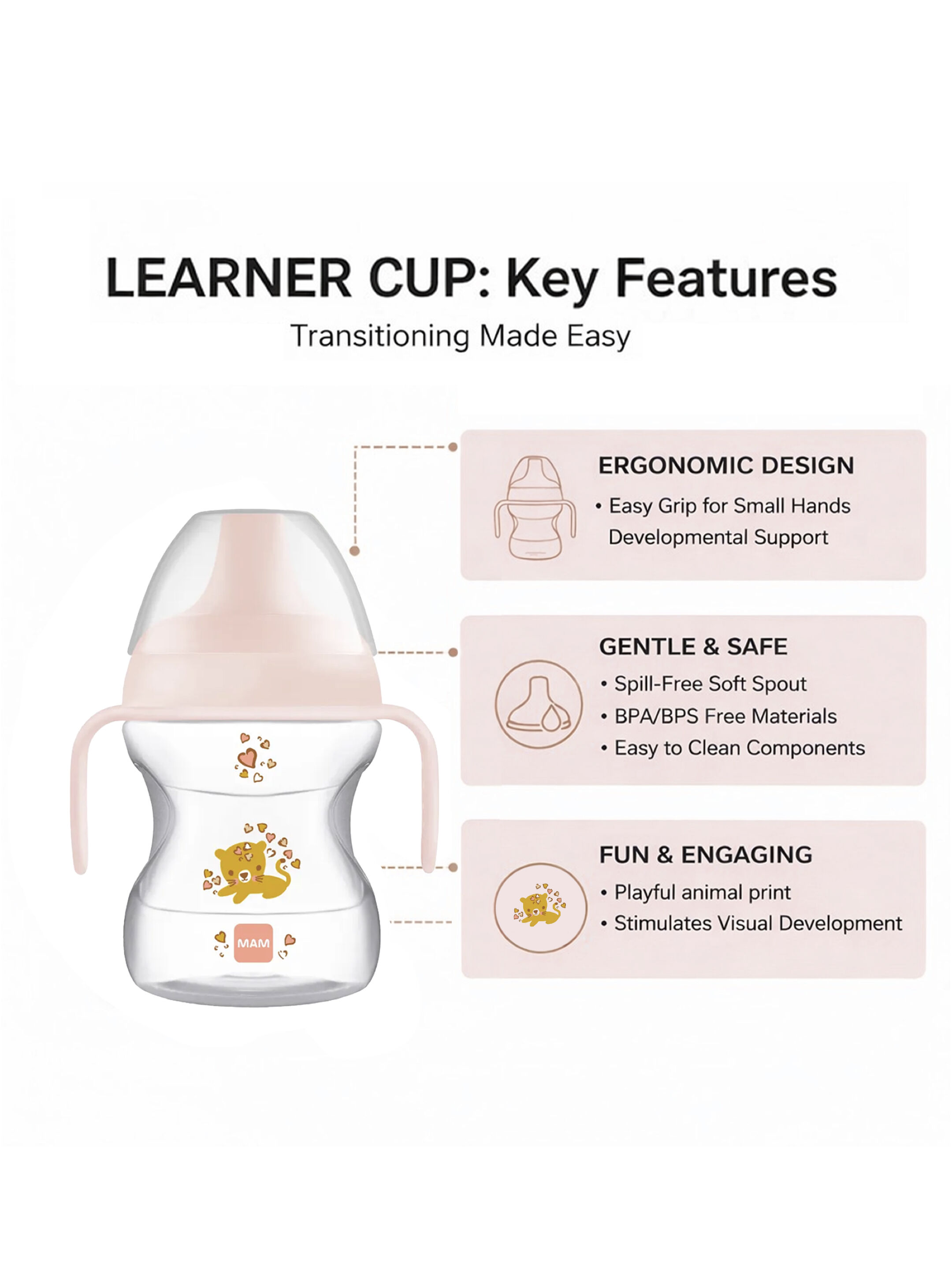 Mam Baby Learn To Drink Cup  Silicone Cup - 6 M+ | Wild Animals, Pink - 190 Ml - Pack of 1 image number 2