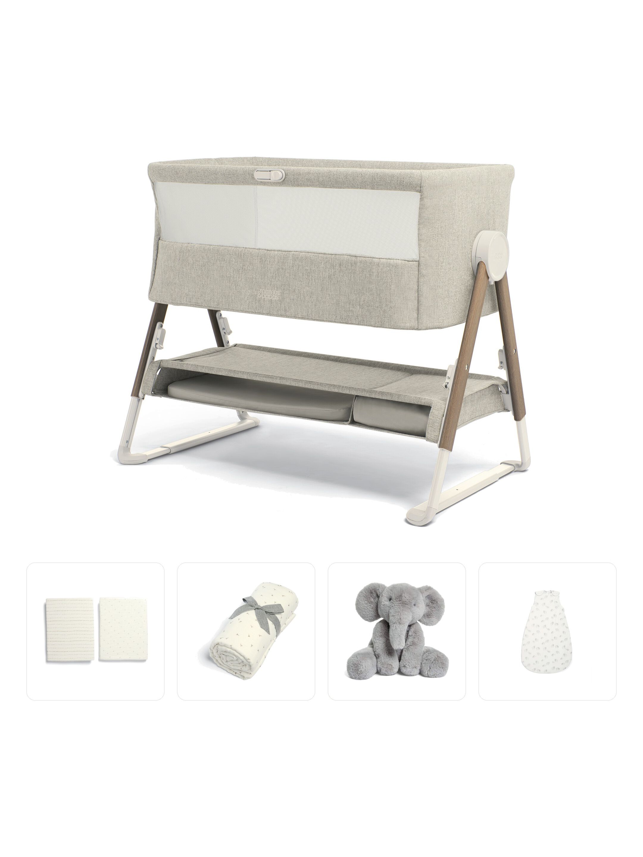Lua Bedside Crib Bundle &ndash; Beige with Crib Sheets, Muslin Blanket, Dreampod & Elephant Soft Toy image number 1