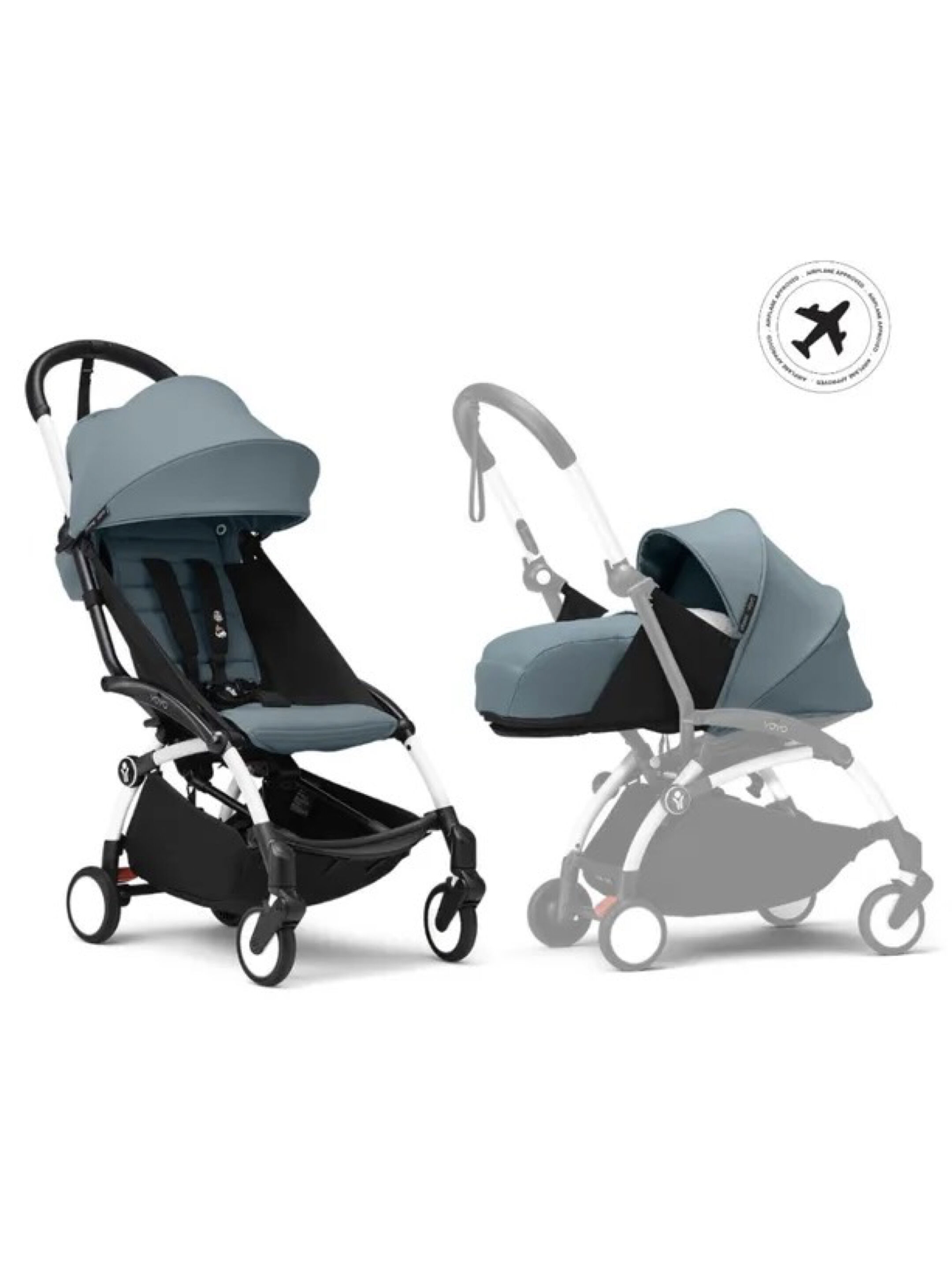 Stokke YOYO3 Full Stroller with White Frame, 0+ Newborn and 6+ Color Pack - Aqua (3 pieces)