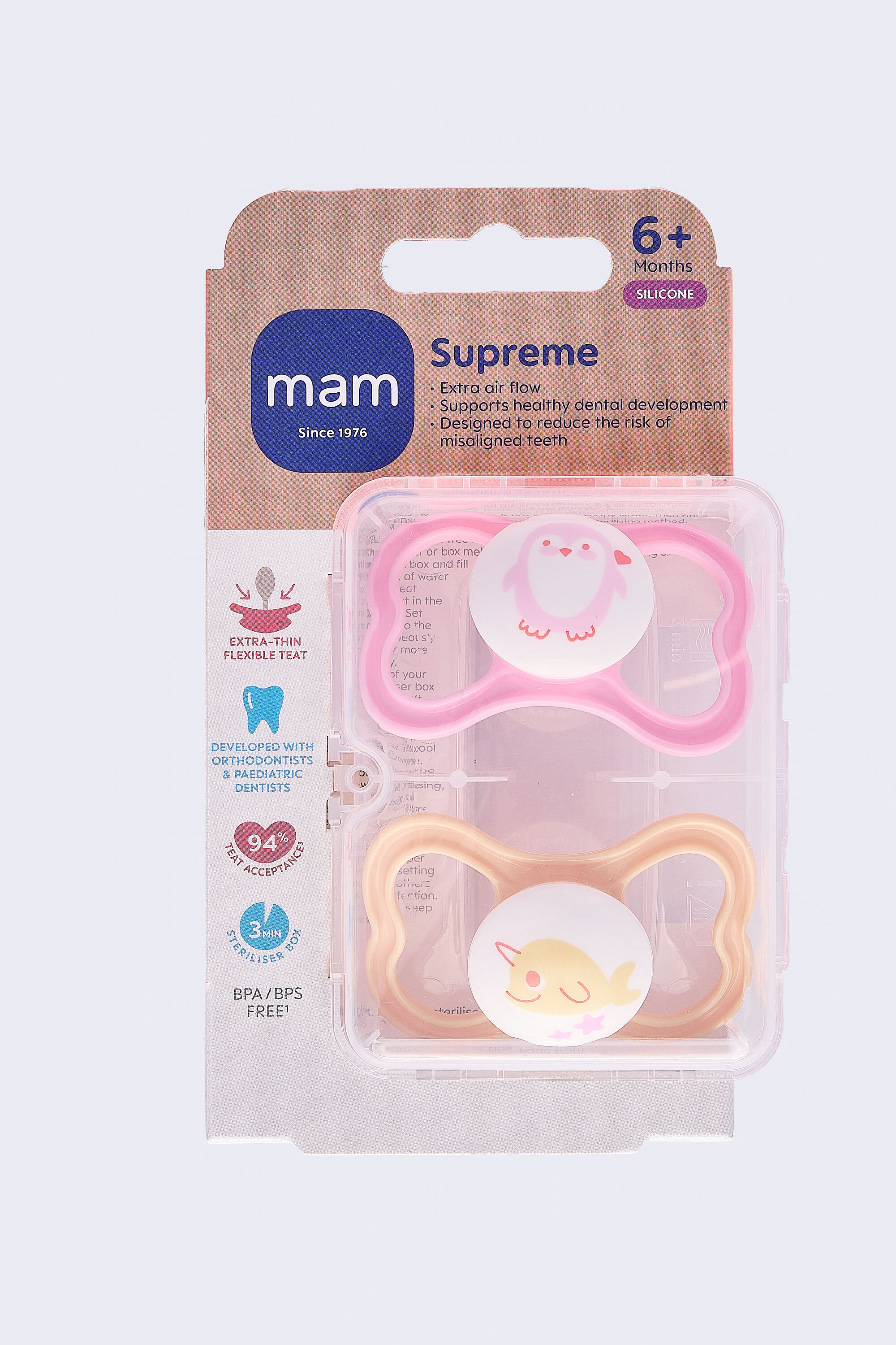 Mam Baby Supreme Silicone Pacifier - 6 M+ | Sealife Pink & Yellow - Pack of 2 image number 2