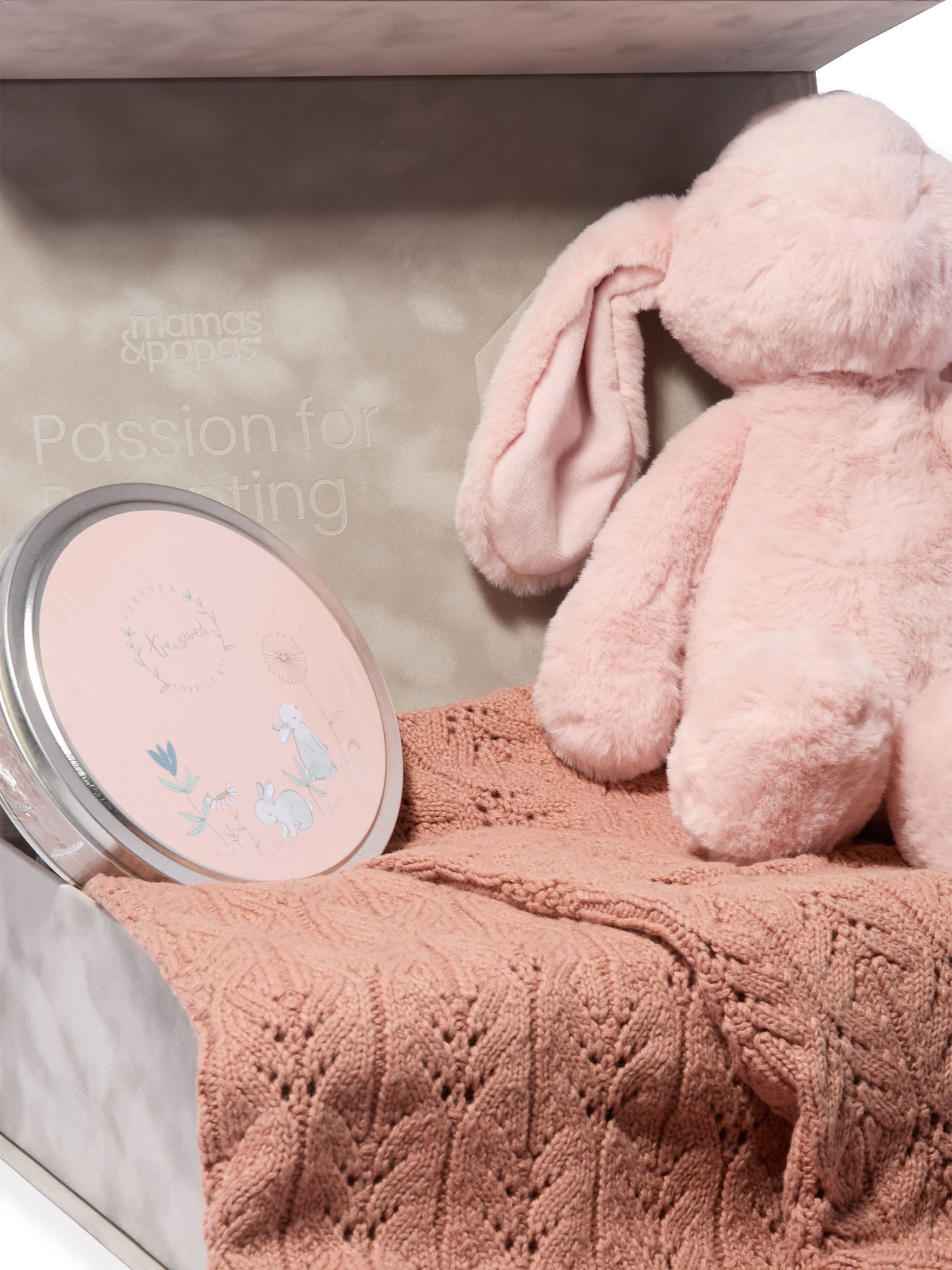 Keepsake Gift Set - Wildflower Knitted Blanket with Pink Bunny Soft Toy & Pink Imprint Tin image number 2