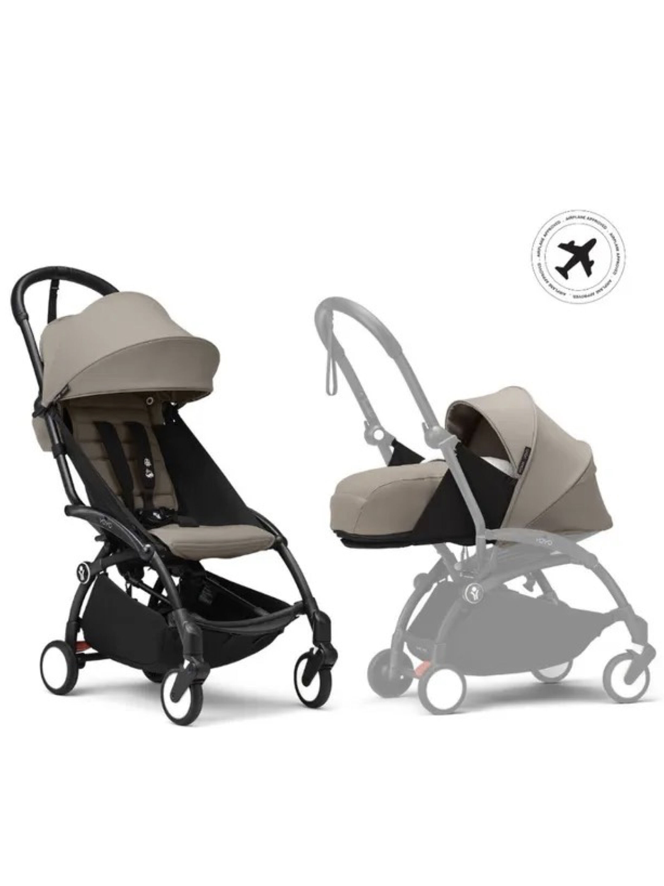 Stokke YOYO3 Full Stroller with Black Frame, 0+ Newborn and 6+ Color Pack - Taupe (3 pieces)