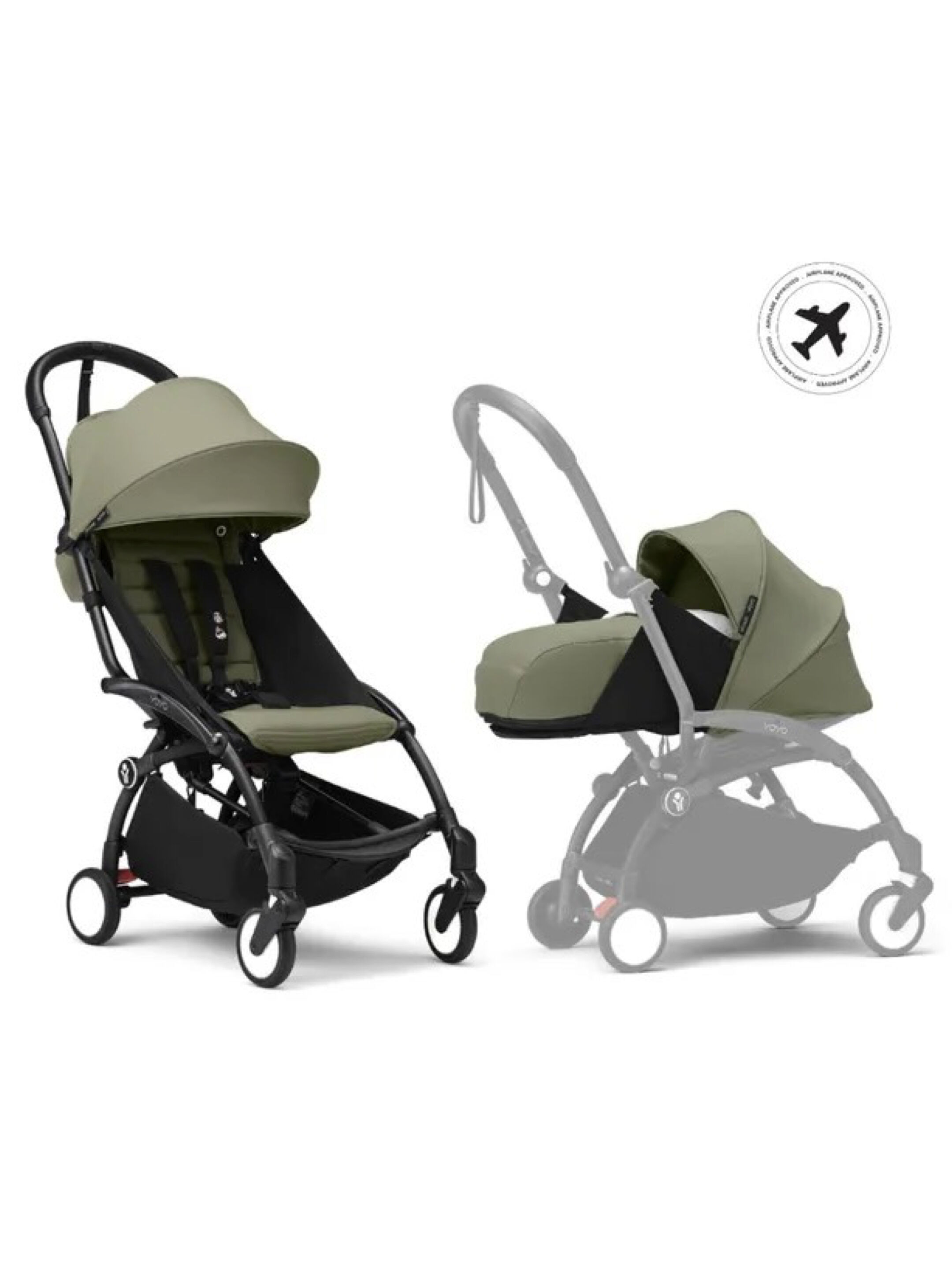 Stokke YOYO3 Full Stroller with Black Frame, 0+ Newborn and 6+ Color Pack - Olive (3 pieces)