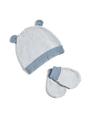 Knitted Stripe Hat and Mitts