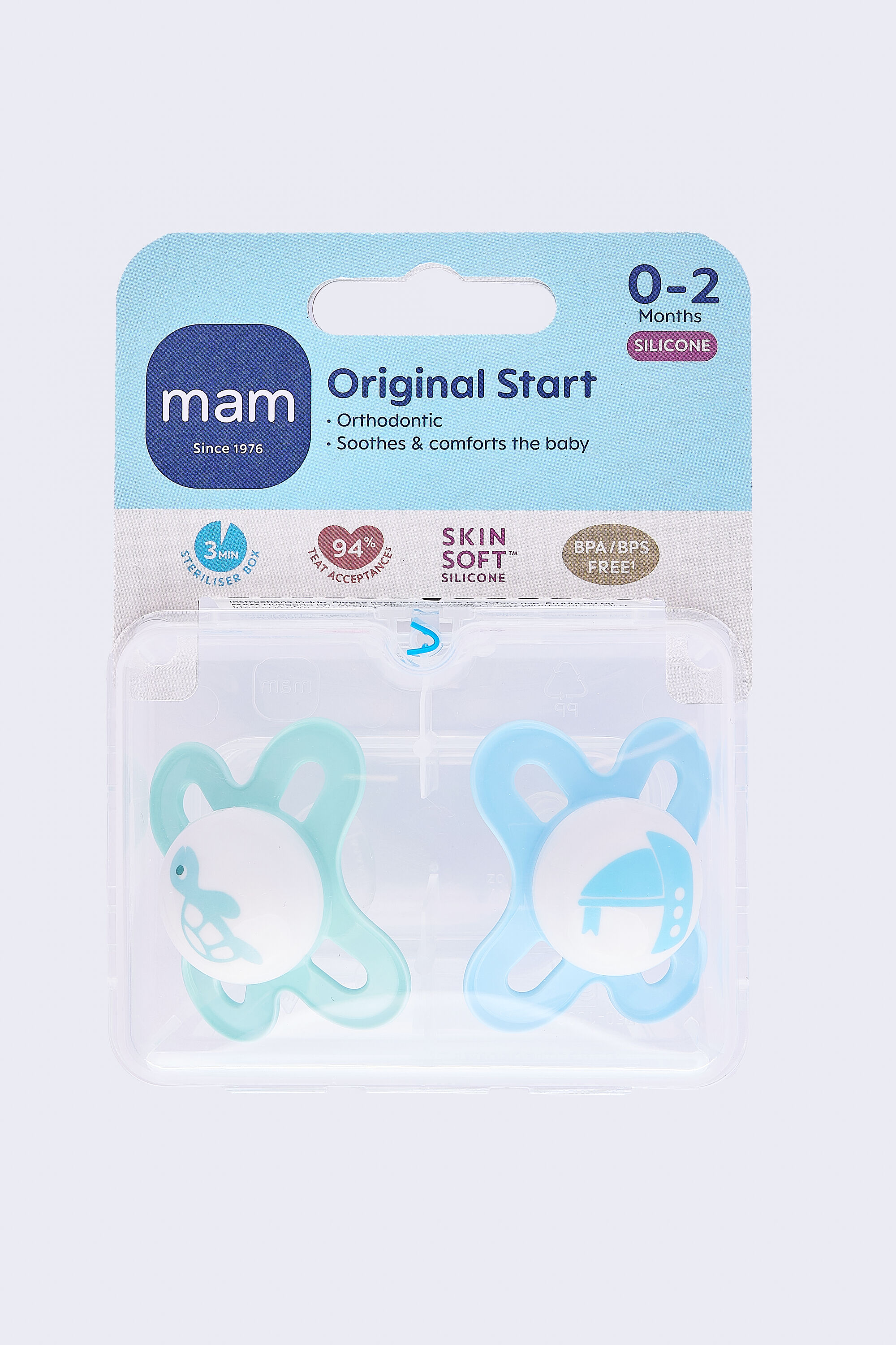 Mam Baby Original Start Silicone Pacifier - 0-2 M | Sealife Green & Blue - Pack of 2 image number 2