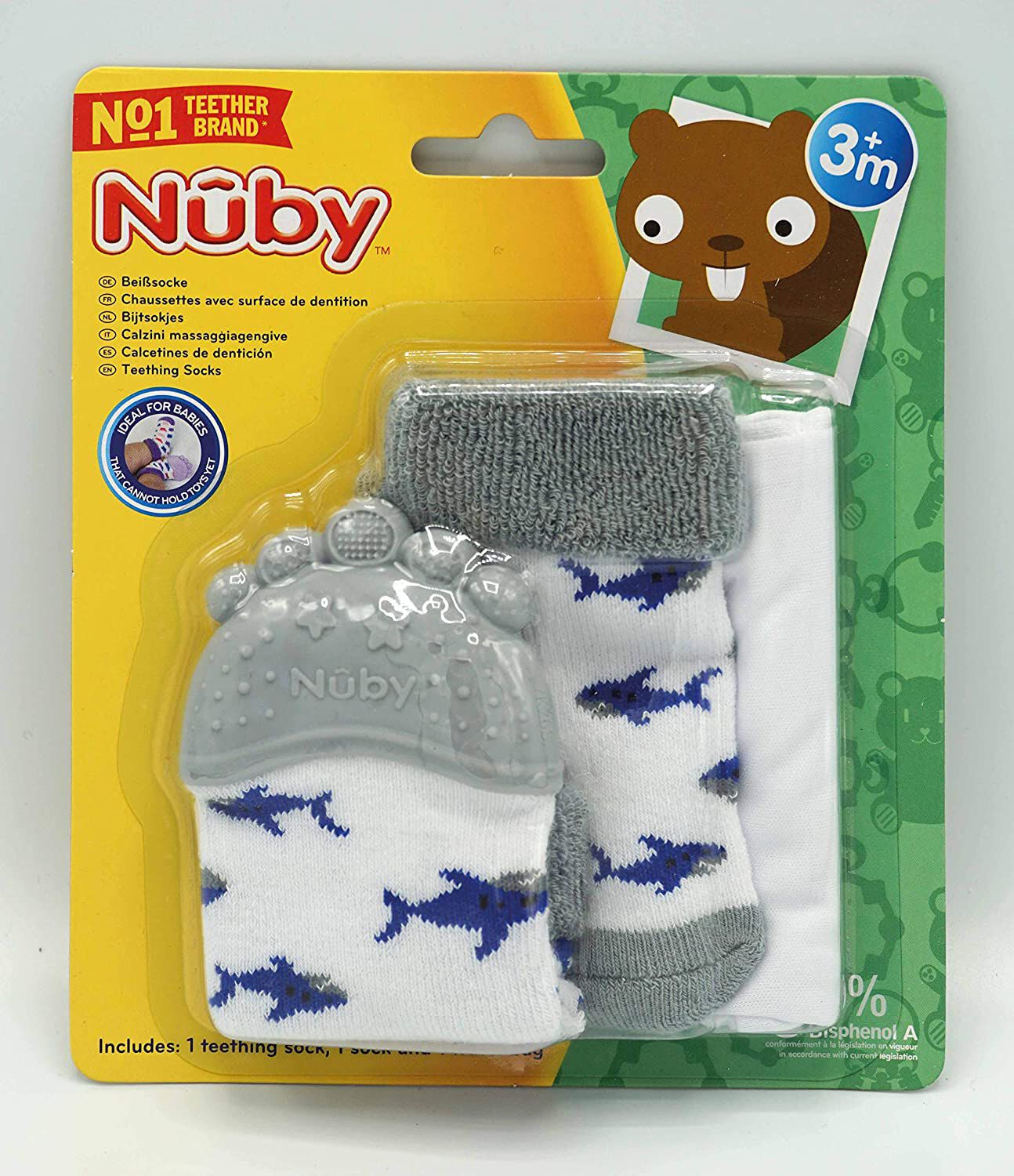 Nuby Teething Socks , 1 pack ( 1 Teething sock, 1 regular sock, 1 hygienic travel bag ) image number 1